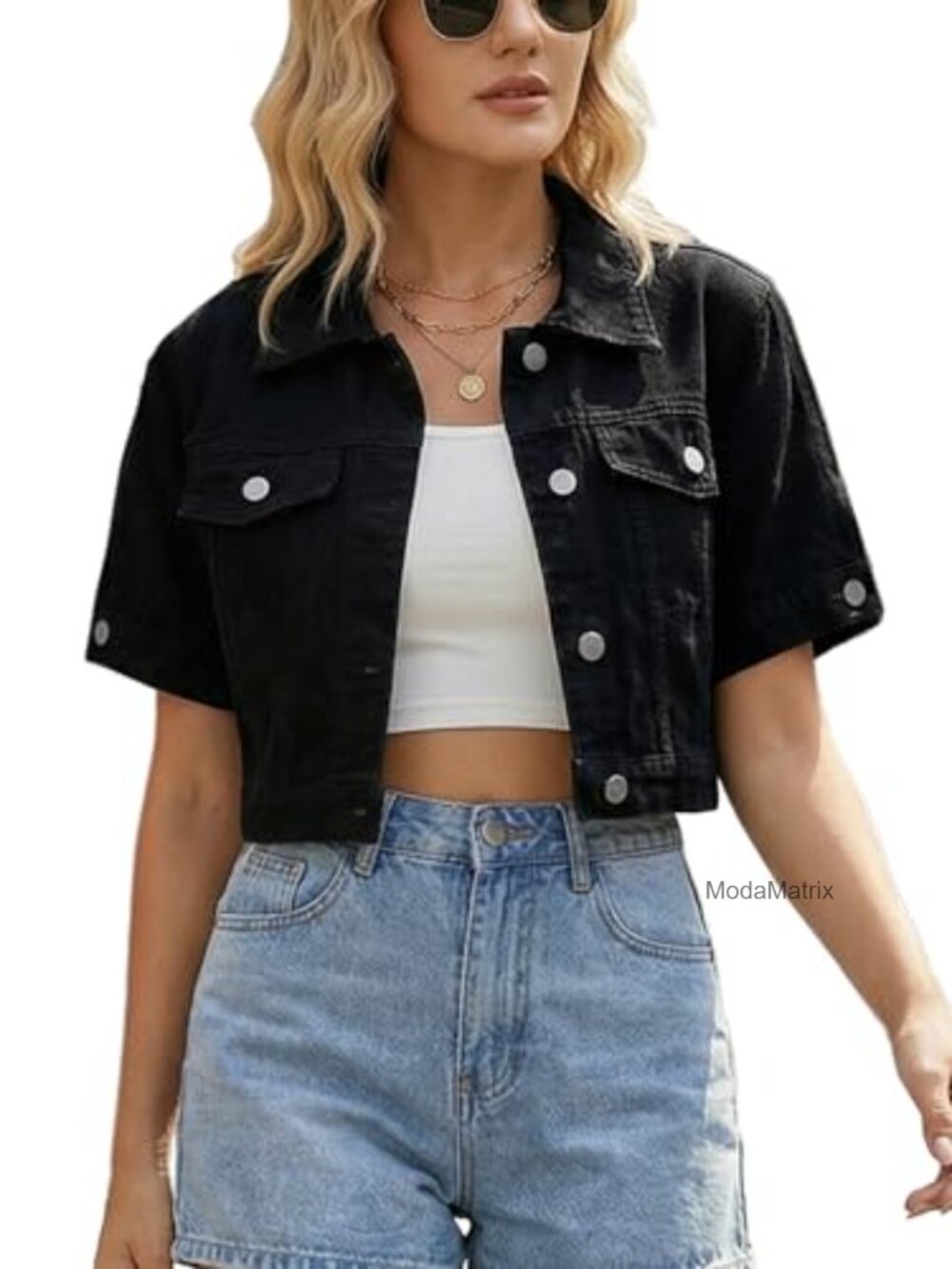 Women's Short Sleeve Crop Denim Jacket Button Down Oversize Jean Jacket